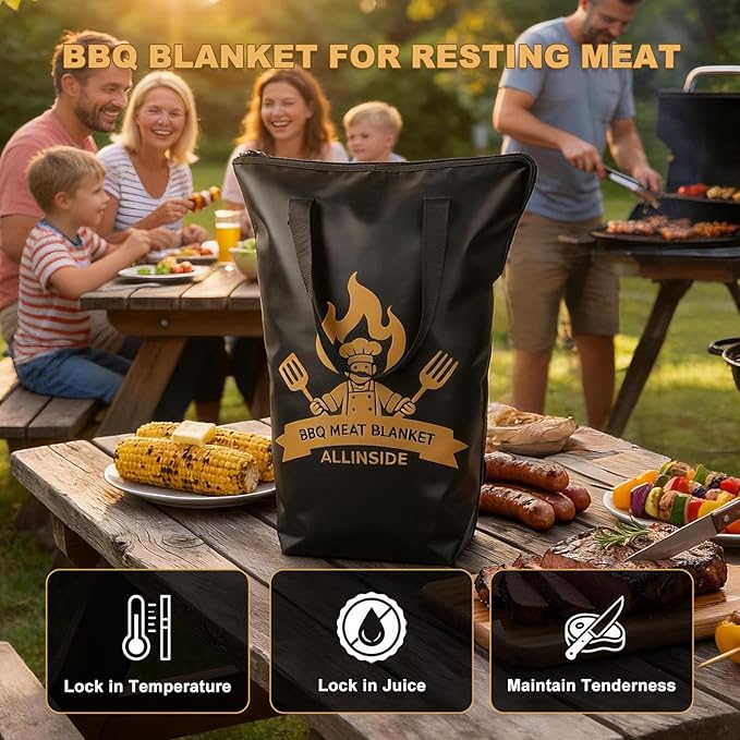 Allinside BBQ Blanket for Resting Meat - Extra Large Insulated Meat Resting Bag with 2 Meat Shredder Claws, 2 Silicone Heat-Resistant Gloves, Greeting Card & Lanyard | Reusable Grilling Accessory