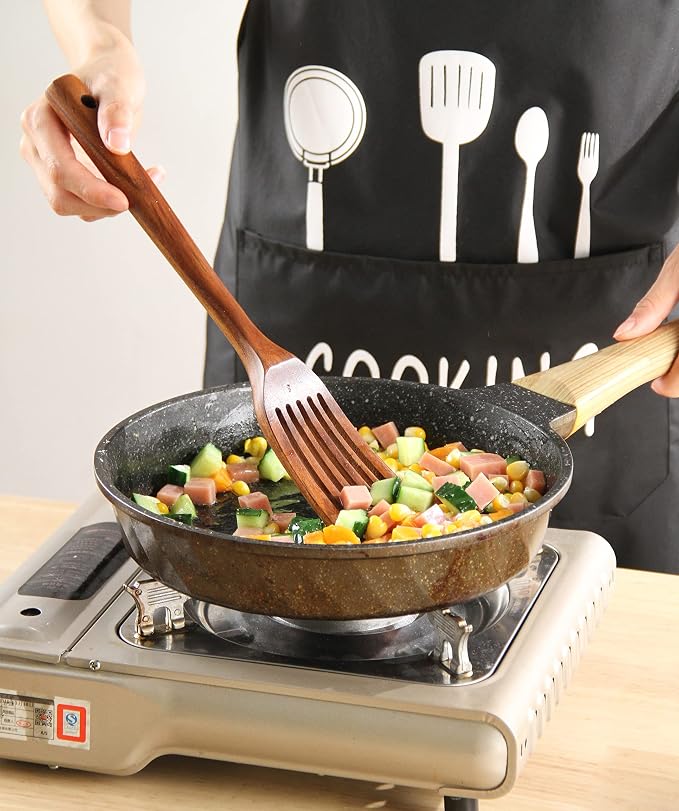 Kitchen Utensils Set, NAYAHOSE 12 Pcs Teak Wooden Cooking Spoons Spatula Spurtles Kit with Spoon Rest Whisk, Non-stick Natural Kitchen Tools