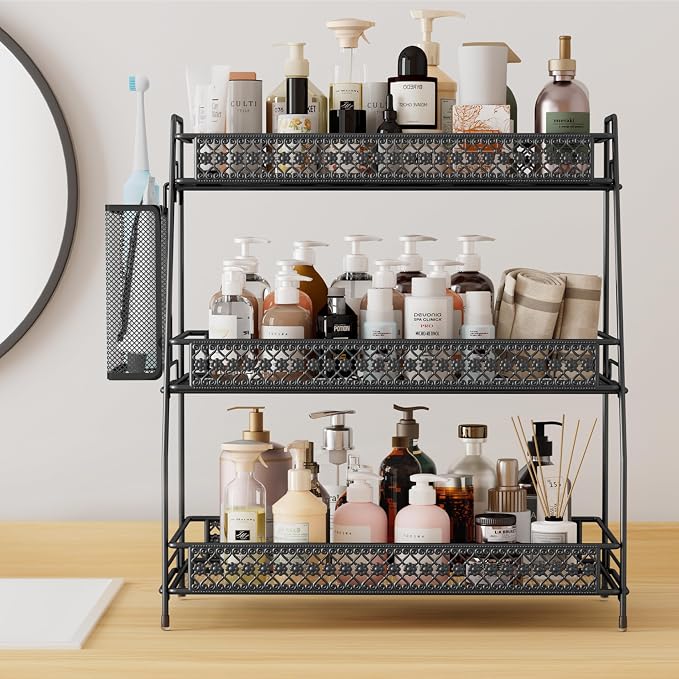 Vintage 3 Tier Spice Rack Organizer for Kitchen Counter, Bathroom Counter Organizer with Bonus Basket, 3 Tier Bathroom Counter Organizer for Spices Makeup Perfumes, Retro Countertop Organizer