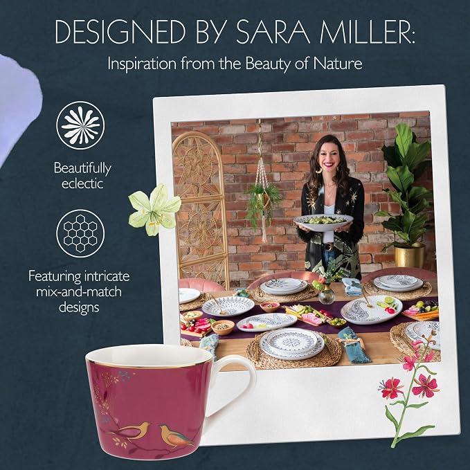 Portmeirion Sara Miller London Chelsea Teacup and Saucer, Pink | 8 Oz Cup for Drinking Tea and Coffee | Made from Fine China with Gold Detail | Handwash Only