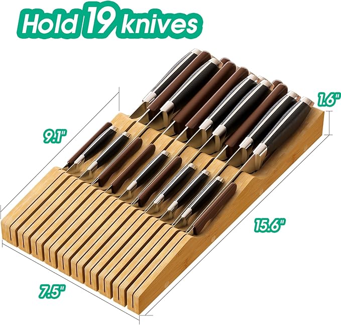 Large Drawer Knife Organizer Insert, Bamboo Wood Knife Holder, Knife Block Hold up To 19 Knives