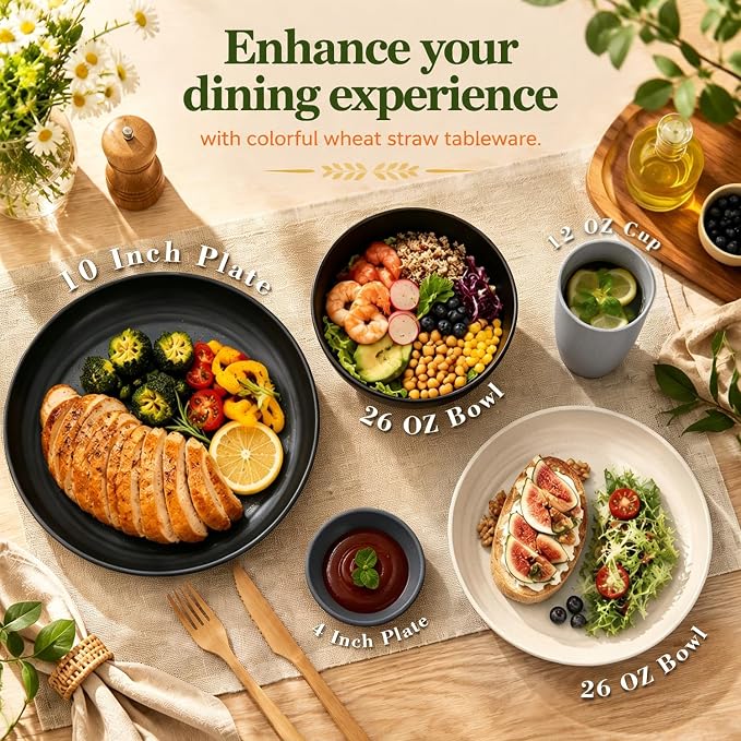 Wrova 40-Piece Kitchen Plates and Bowls Sets- Wheat Straw Dinnerware Sets for 8- Unbreakable Plates Bowls and Cups Set, Side Dishes- Microwave & Dishwasher Safe Dishware Sets - Black & Gray