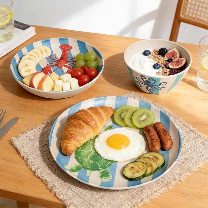 Unbreakable Dinnerware Set for 4 Natul with Blue Stripe Lobster Crab 12 Piece Melamine Wheat Straw BPA Free Lightweight Dishwasher Safe Shatter Resistant for Camping Outdoor RV Party