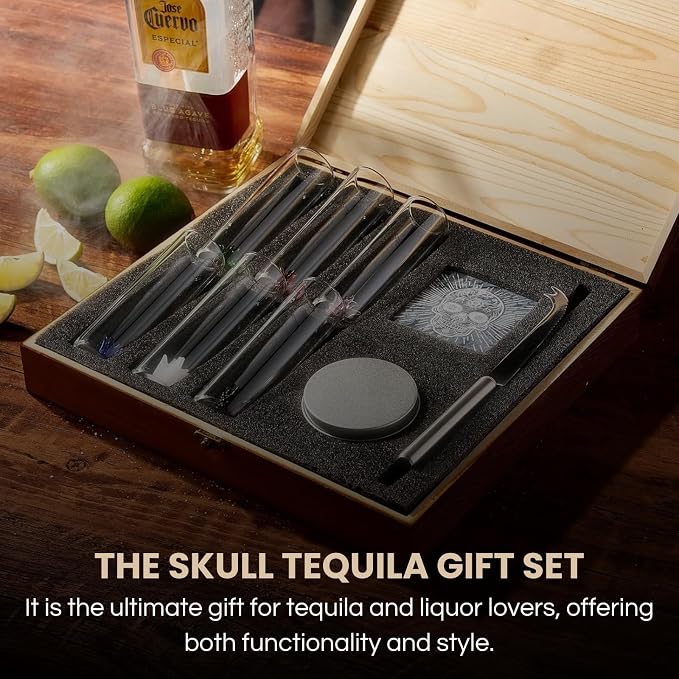 Tequila Gift Box Shot Glass & Salt Gift Set for Men & Women | Six Agave Shot Glasses, Knife For Limes, One Skull Coaster, One Salt Tin | Skeleton Sugar Skull Wooden Box Wood Package For Tequila Lovers