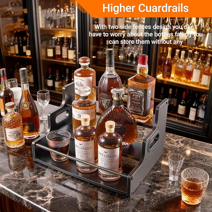 YQBRAO 3-Tier Liquor Bottle Display Shelf,Coffee Syrup Rack Organizer,Water Bottle Organizer, Mini Bar Cabinet, Rustic Bar Shelves for for Liquor Whiskey, Spirits（Black）