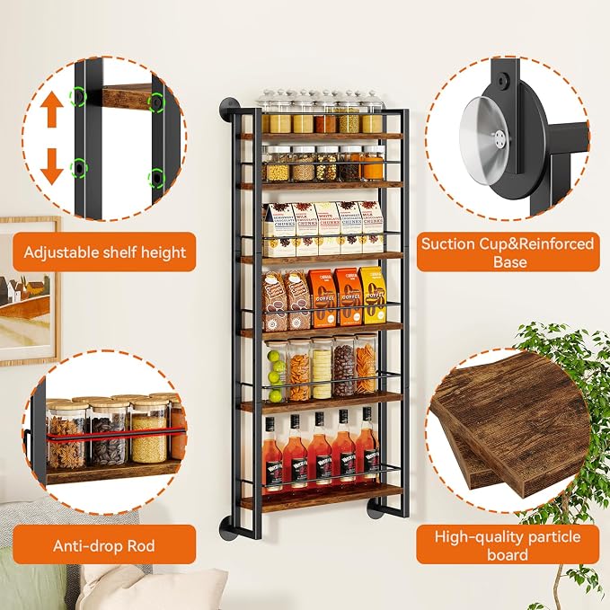IBUYKE 6 Tier Over The Door Pantry Organizer,Wall Mounted Spice Rack,Door Hanging or Wall,Adjustable Hanging Storage Shelves,Spice Organization for Kitchen cabinet,Bathroom,Closet,Brown UTLJ028H