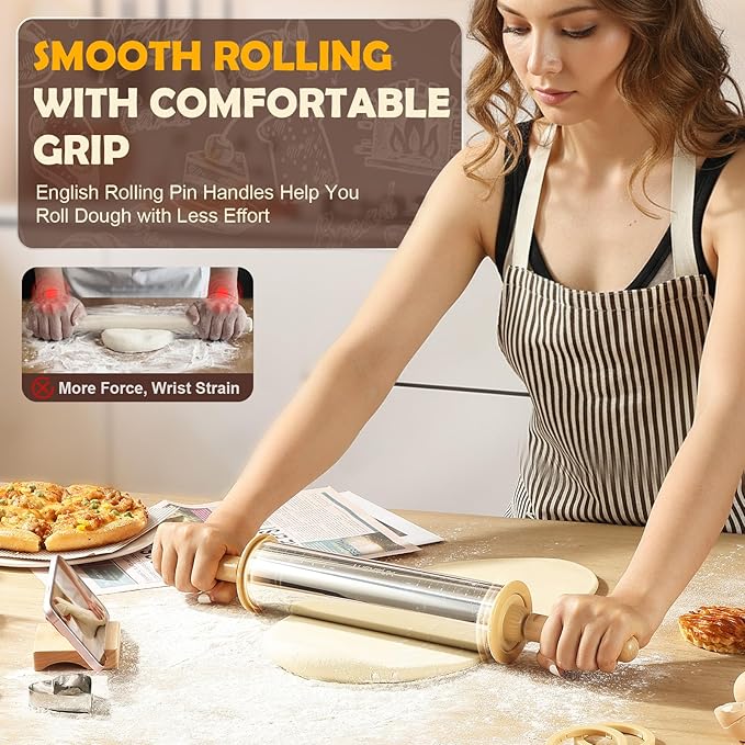 LUSHYUM Adjustable Rolling Pin with Thickness Rings 304 Stainless Steel Dough Roller with Dual-Purpose Stand Detachable Handles for Pizza Cookies Fondant Non Stick Metal Kitchen Tool Gift for Bakers