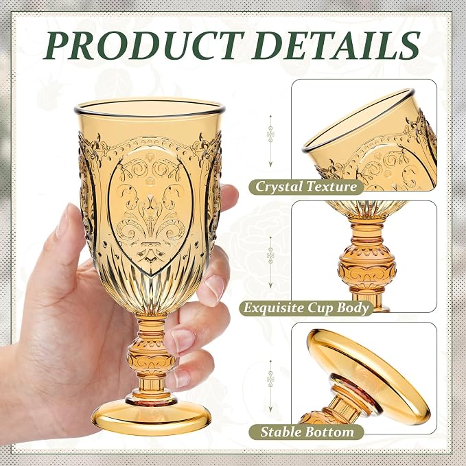 Wiwiqing 24 Pcs Plastic Goblets 7.5oz Vintage Goblet Plastic Wine Glasses Colored Retro Embossed Water Goblets for Wine Bar Juice Baby Shower Wedding Reception Grand Event Party (Amber)