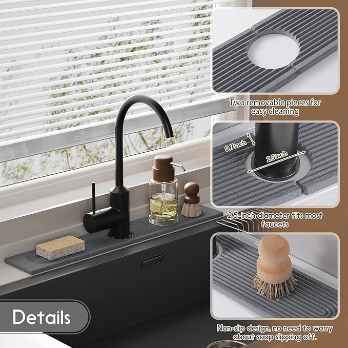 Diatomite Sink Splash Guard – Super Absorbent Kitchen & Bath Mat, Quick-Dry Non-Slip Drying Tray, Fits Most Faucets, Pet Bowl Mat, Vase Holder (Premium Gray, 23.6'' x 4'')