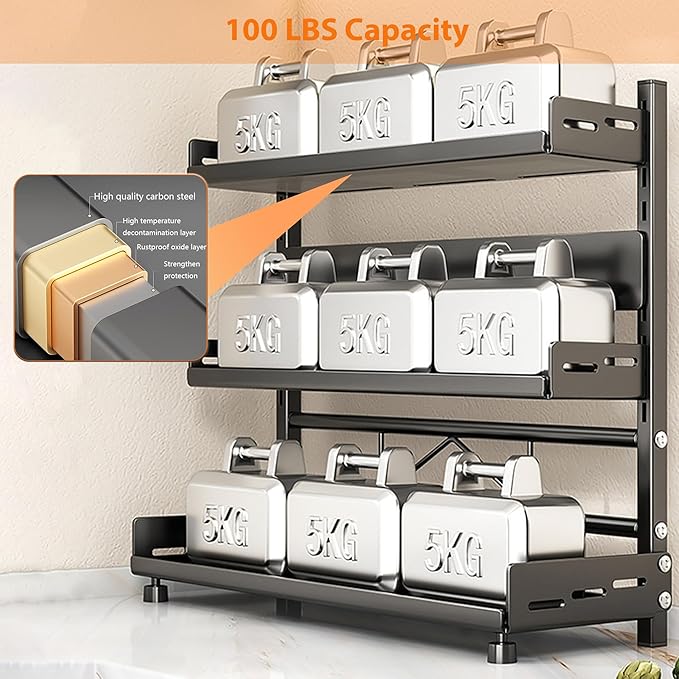 Spice Rack Organizer, 3-Tier Height-Adjustable Kitchen Countertop Spice Organizer Shelf, Metal Rust-Proof Standing Large Seasoning Organizer with Guardrail & Knife Block for Kitchen Bathroom