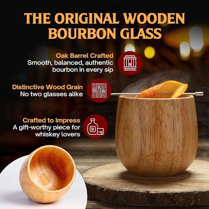 Oaksip The Original Wooden Bourbon Drinking Glass Bourbon Gifts for Men | Finished Wooden Old Fashioned Glass | Great Whiskey Gifts for Men, Dad, or Brother (2 Pack)