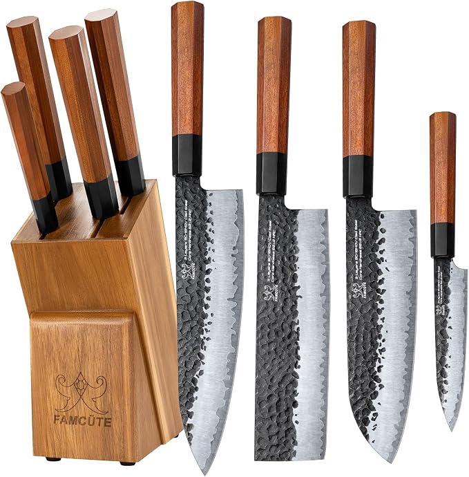 FAMCüTE Japanese Knife Block Set, Hand Forged 5-Layer 9CR18MOV Clad Steel Ultra Sharp Kitchen Knives with Wooden Storage & Rosewood Handle, Includes Chef, Santoku, Nakiri, Fruit Knife for Home Mom/Dad | Hand Forged 5-Layer 9CR18MOV Clad Steel Chef Kniv...