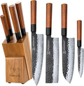 FAMCüTE Japanese Knife Block Set, Hand Forged 5-Layer 9CR18MOV Clad Steel Ultra Sharp Kitchen Knives with Wooden Storage & Rosewood Handle, Includes Chef, Santoku, Nakiri, Fruit Knife for Home Mom/Dad | Hand Forged 5-Layer 9CR18MOV Clad Steel Chef Kniv...