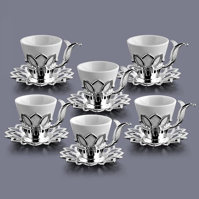 Alisveristime (Set of 6) Turkish Coffee Set with Porcelain Cups, Zamac Holders & Saucers – 80ml Capacity, Ottoman Motif, 4 Color Options (Silver)