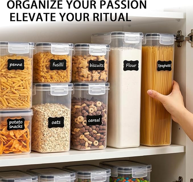 7 PCS Airtight Food Storage Containers with Lids, BPA Free Clear Plastic Kitchen and Pantry Organization and Storage Set for Flour, Sugar, Cereal, Pasta, Includes 7 Labels and Marker
