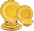UPware 12 Piece Crackle Melamine Dinnerware Sets, Outdoor Dishes Set, Plates and Bowls Sets, Service for 4, Yellow