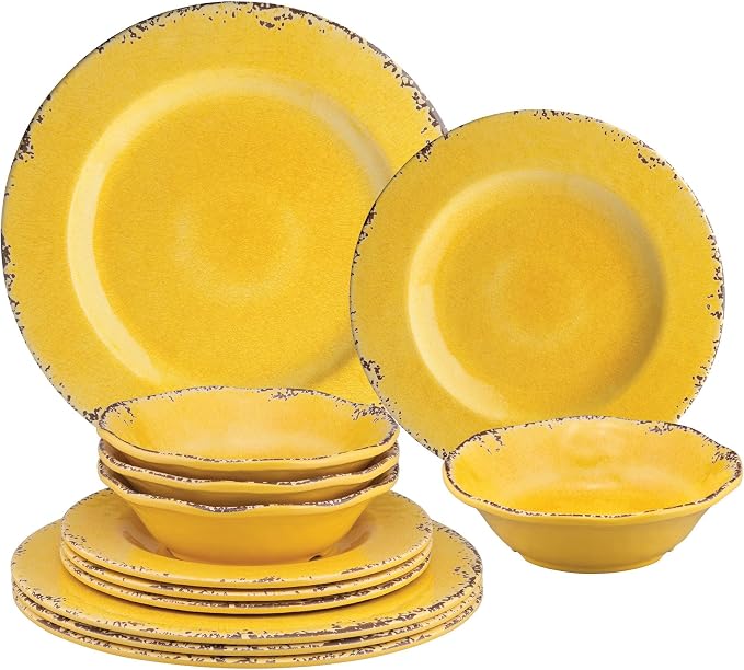 UPware 12 Piece Crackle Melamine Dinnerware Sets, Outdoor Dishes Set, Plates and Bowls Sets, Service for 4, Yellow