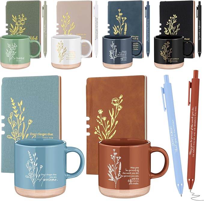 Didaey 6 Sets Employee Appreciation Gifts Set 13oz Boho Floral Ceramics Coffee Mugs with A6 Leather Notebooks Ballpoint Pens Bulk Office Thank You Gift for Coworkers Staff Team Nurse