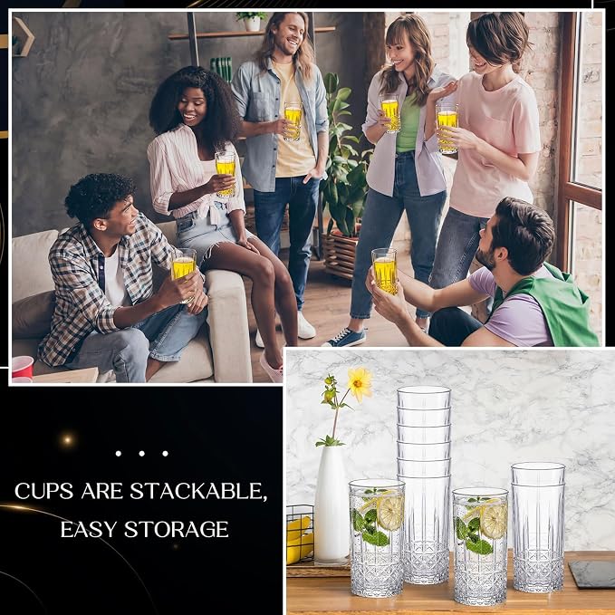 Uiifan Set of 12 Tall Highball Glasses 12 oz Crystal Drinking Glasses Clear Fancy Cups Vintage Textured Designer Glassware for Cocktail Tea Water Beer Soda Beverages, Dishwasher Safe (Diamond Pattern)