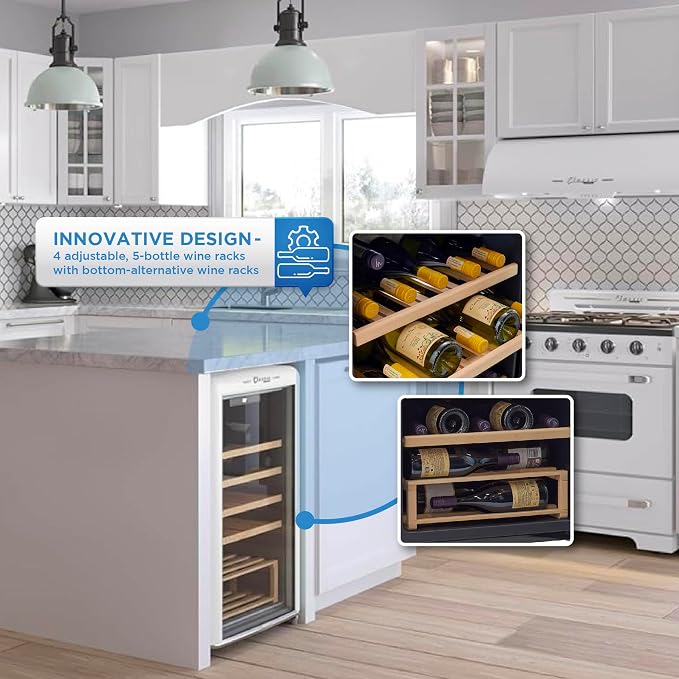 Unique Appliances Classic Retro Electric Wine Cooler, 28-Bottle Wine Fridge with Adjustable Wooden Shelves and Intuitive Digital Control Panel, Single Zone, 21", Marshmallow White
