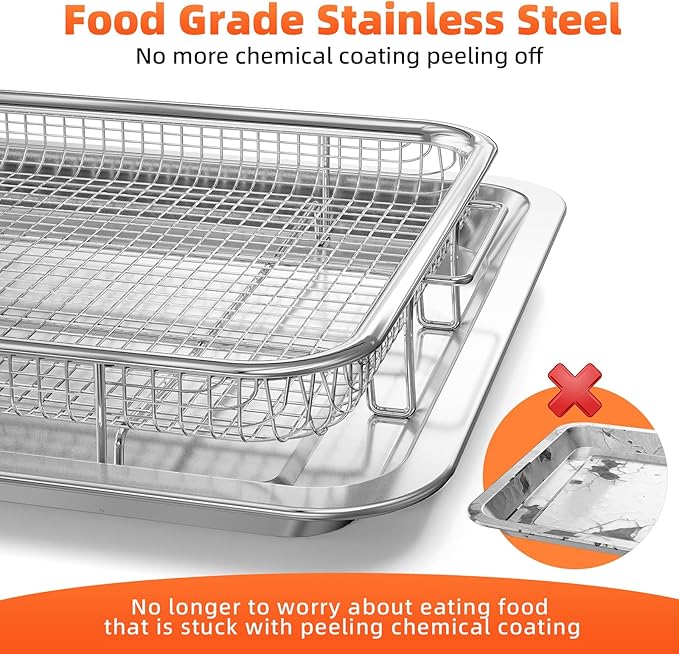 Air Fryer Basket for Oven, 2 Set Oven Air Fryer Basket and Tray with 60 PCS Parchment Papers, DEGOVIN Crisper Tray Non-stick Stainless Steel Air Fry Pans for Convection Oven(14.88" ×10.98"&13" × 9.7")