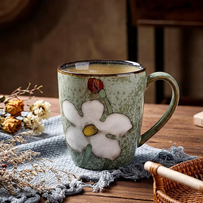 Maxdot 1 Pcs 12oz Ceramic Coffee Mugs Sets Glazing Process Cappuccino Mug Floral Ceramic Tea Cups Idea Gift Set for Women Porcelain Cup for Coffee, Cocoa, Tea, Latte (Retro) (Fresh)