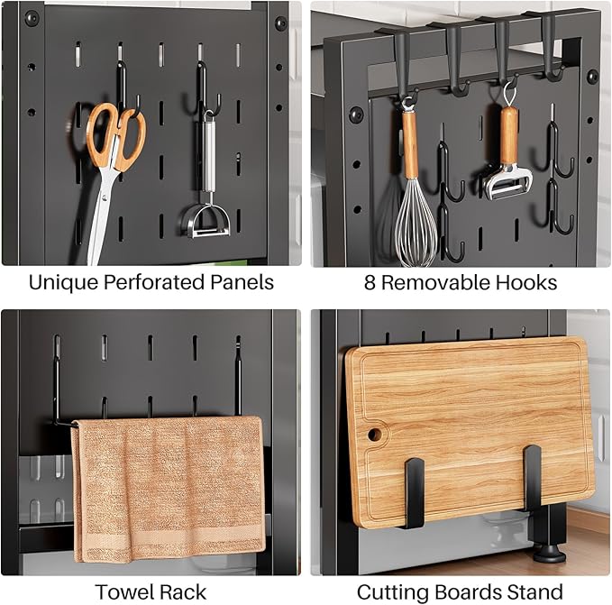 Expandable Microwave Stand Countertop, 2-Tier Adjustable Microwave Oven Rack with 8 Hooks & 2 Holders, Heavy Duty Carbon Steel Microwave Shelf for Kitchen Counter Organizer and Storage, Holds 120lbs