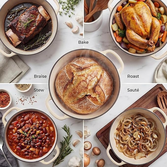 Zulay Kitchen 6.4QT Enameled Cast Iron Dutch Oven Pot with Lid, Heavy-Duty Soup Pot for Stews, Braising, Roasting & Sourdough Bread Baking, Oven Safe up to 500°F - Ivory