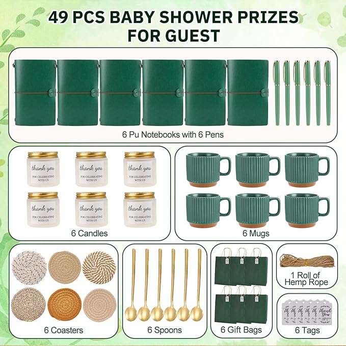Baby Shower Prizes for Game Winners Baby Shower Games Prizes Ceramic Mugs with Metal Spoons Woven Coasters Notebooks Scented Candles Gift Bags Wedding Bridal Shower Favors for Guests (6, Green)