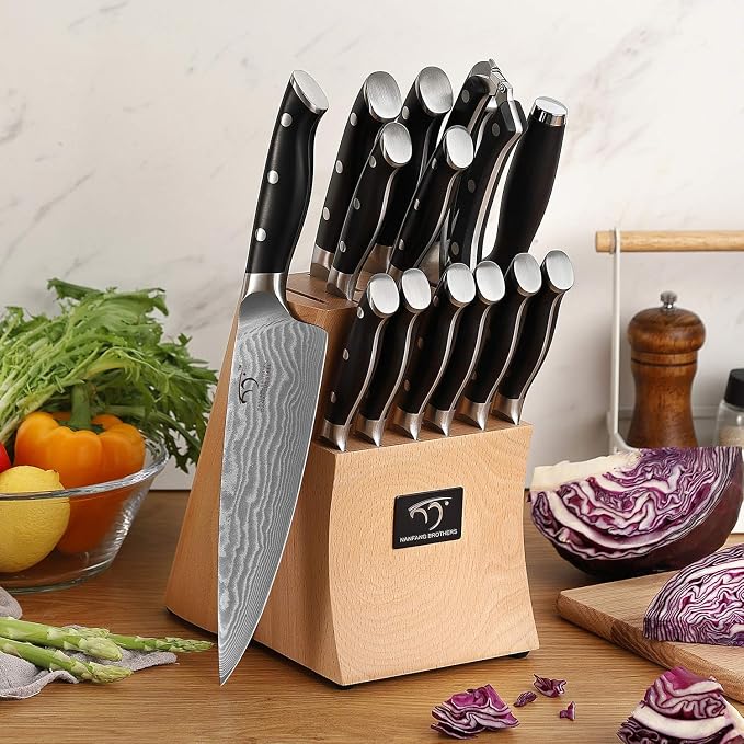 NANFANG BROTHERS 15-Piece Damascus Kitchen Knife Sets with Japanese 67-Layer Damascus Steel, ABS Ergonomic Handle for Chef Knife Set, Ultra Sharp Knife Set with Sharpener, Beechwood Block