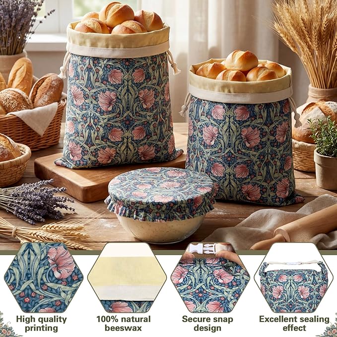 Reusable Beeswax Bread Bags for Homemade Bread Sourdough (2 Pcs 13x17in Bags + 10in Bowl Cover) Floral Cotton 100% Natural Beeswax Coating, Plastic-free Food Storage Wrap(Blue Flower)