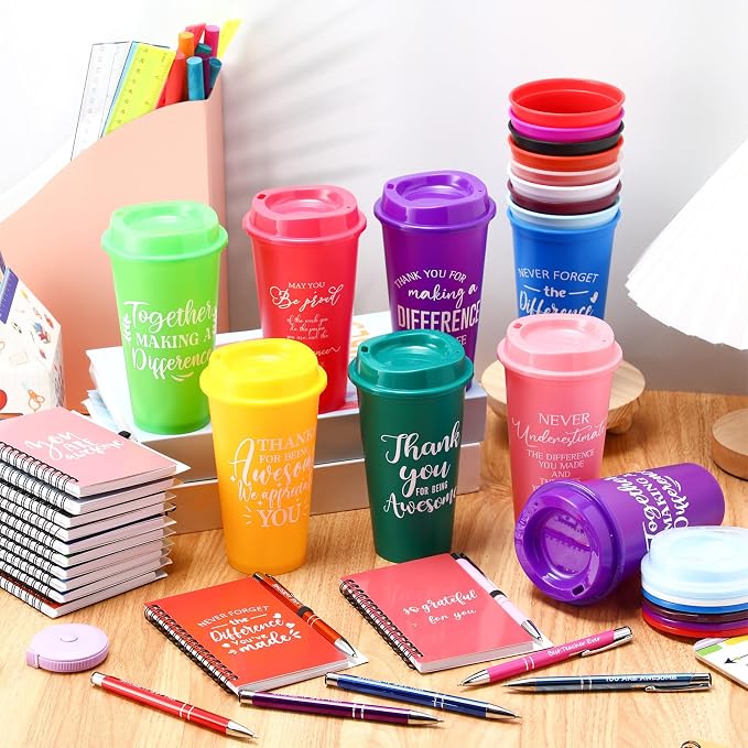 Teenyyou 90 Pcs Employee Appreciation Gift Set, 16oz Tumbler with Lid Notebook Pen Bulk Thank You Gift Holiday Party Favor for Teachers Office Coworker Teacher Staff Team (Multi Color,Delicate Style)