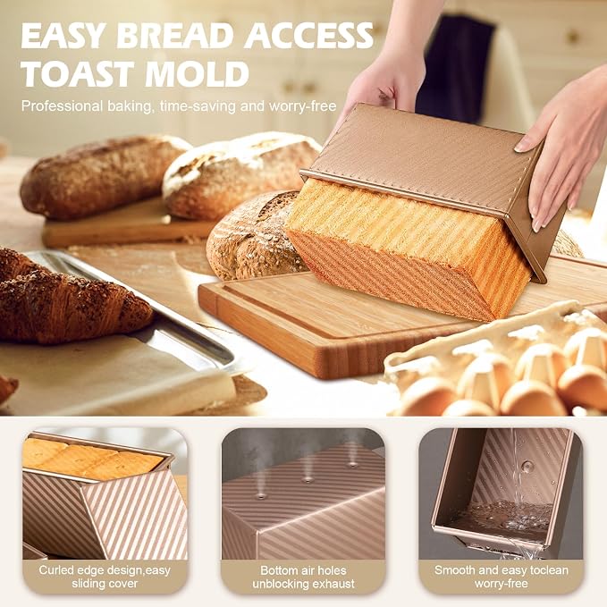 Pullman Loaf Pan with Lid, 2 Pack 2.2 LB & 1 LB Dough Capacity, Non-Stick Carbon Steel Bread Pan for Sandwich Bread and Sourdough Loaves, Square Toast Mold with Baking Tools, Gift-Ready Packaging