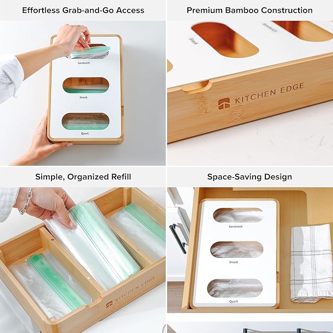 Premium Ziplock Bag Organizer – Kitchen Edge 3-Slot Bamboo Organizer with White Metal, Fits Snack, Sandwich & Quart Bags, Magnetic Top, Non-Slip Base, Wall Mountable, 8.7in x 13in x 2.5in