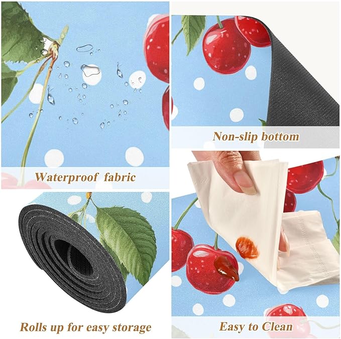 2 in 1 Table Runner Trivet for Hot Pots and Pans Heat Resistant Non Slip Waterproof 39 x 12 Inch Decorative Table Protector for Kitchen Countertop Light Blue Dots Red Cherry