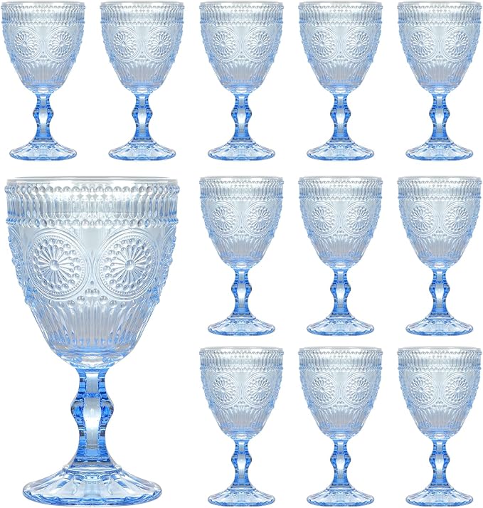 Pack of 12 Vintage Glass Goblets Glassware, 10 oz, Light Blue | Wine Glasses, Not Dishwasher Safe,Wedding Glass Set, Embossed Drinking Glasses Cups for Thanksgiving Wedding Party Bar