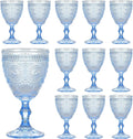 Pack of 12 Vintage Glass Goblets Glassware, 10 oz, Light Blue | Wine Glasses, Not Dishwasher Safe,Wedding Glass Set, Embossed Drinking Glasses Cups for Thanksgiving Wedding Party Bar