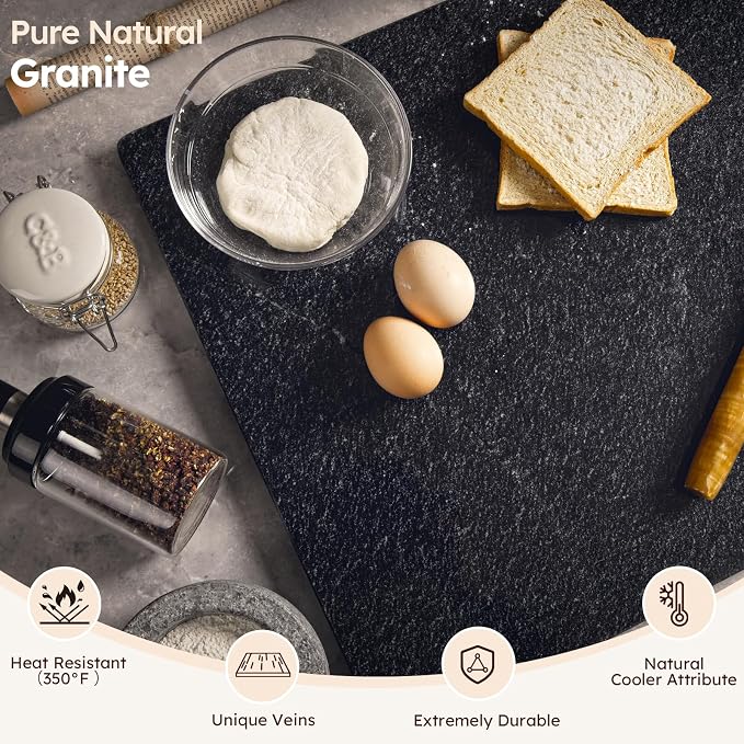 Diflart Natural Granite Cuttings Board for Kitchen, 16x20 Inch, Black, Stone Pastry Slab Large with Non-Slip Feet for Baking, Cheese, Charcuterie, Dough, Chocolate, Pack of 1 Piece