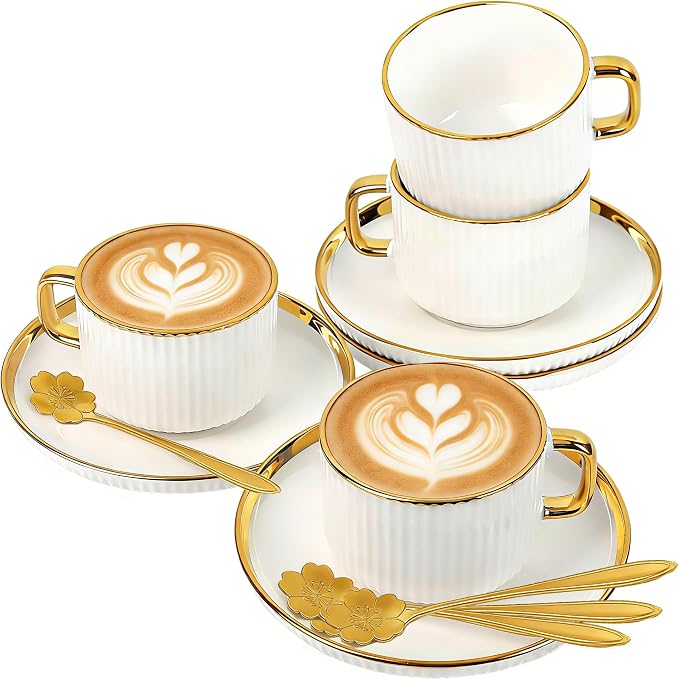 Cappuccino Cups Set of 4, 7oz Espresso Cups Set with Saucers and Sakura Spoons, Gold Trim Ceramic Coffee Tea Cups for Latte, Mocha, Au Lait, Dishwasher & Microwave Safe, Art Deco (Gold Striped/200ml)