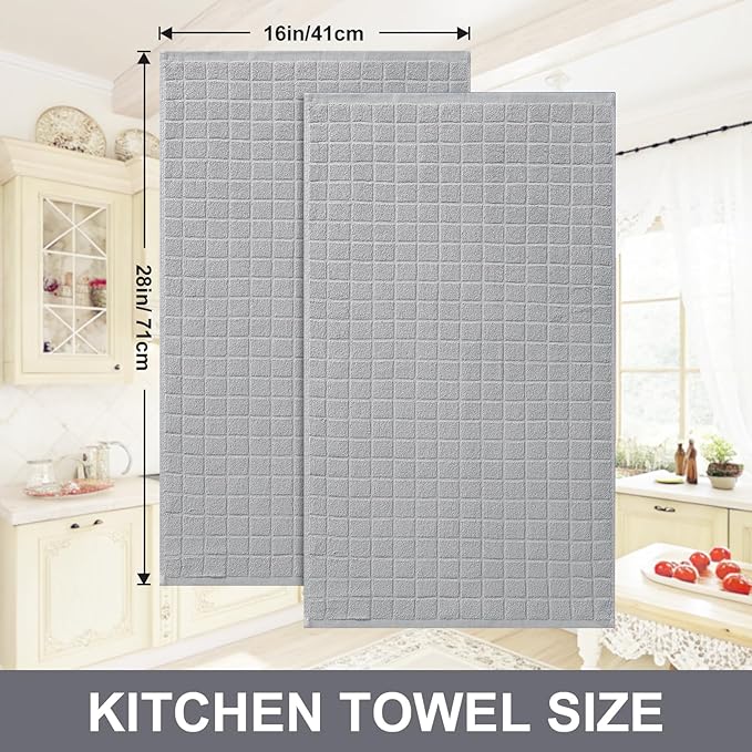 Homaxy Premium Cotton Kitchen Towels 16"x 28", Large Natural Ring Spun 390 GSM Dish Towels, Super Absorbent Terry Kitchen Hand Towels, Soft Tea Towels with Hanging Loop, Pure Light Grey Design, 4 Pack