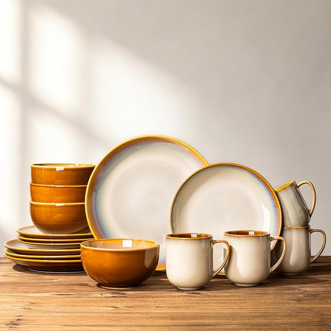 LERATIO Ceramic Dinnerware Sets for 4,16-Piece Reactive Glaze Plates and Bowls Set with Mugs,Highly Chip and Crack Resistant | Dishwasher,Microwave & Oven Safe Dishes set-Kahki