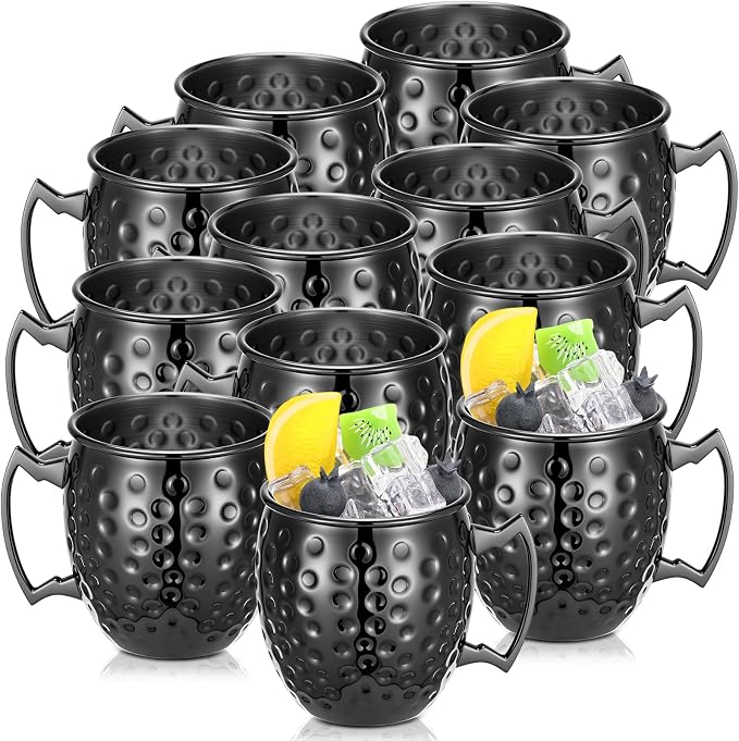 Hoolerry 12 Pcs Moscow Mule Mugs Bulk Black Stainless Steel Moscow Copper Plating Cups with Handle 12 oz Hammered Finish Cup for Chilled Drinks Coffee Wine Cocktail Wedding Birthday Gift