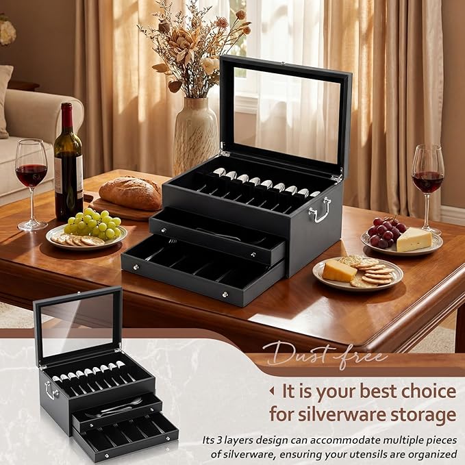 DoubleFill 3 Layer Leather Silverware Storage Box with Lid and Handles, Anti Tarnish Silverware Storage Chest Case with Felt-lined for 12-16 or More Sets of Utensils Flatware Gifts, 15.3x11.2x9 Inch