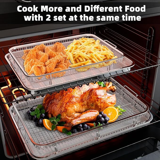 Air Fryer Basket, 2 Set Air Fryer Pans and Tray for Oven with 60 PCS Parchment Papers, DEGOVIN Non-stick Stainless Steel Oven Air Fryer Basket and Tray-18.8" x 12.8"Extra Large &14.88"×10.98"Large