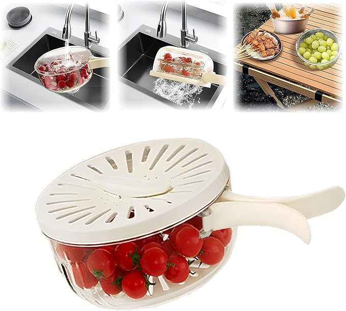 Multifunctional Fruit Washing Bowl with Strainer,2 in 1 Drain basket and Fruit Strainer Container with Lid,Fruit Washer Bowl for Kitchen,Fridge,Picnic & Camping(1QT)