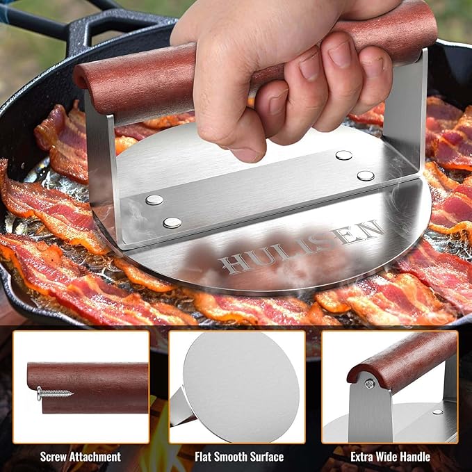 HULISEN Burger Smasher, Stainless Steel Smashed Burger Press, 6 Inch Hamburger Press for Griddle, Heavy-Duty Grill Press with Wood Handle, BBQ Accessories Tool, Weights 1.24 lb, Gift Wrapping