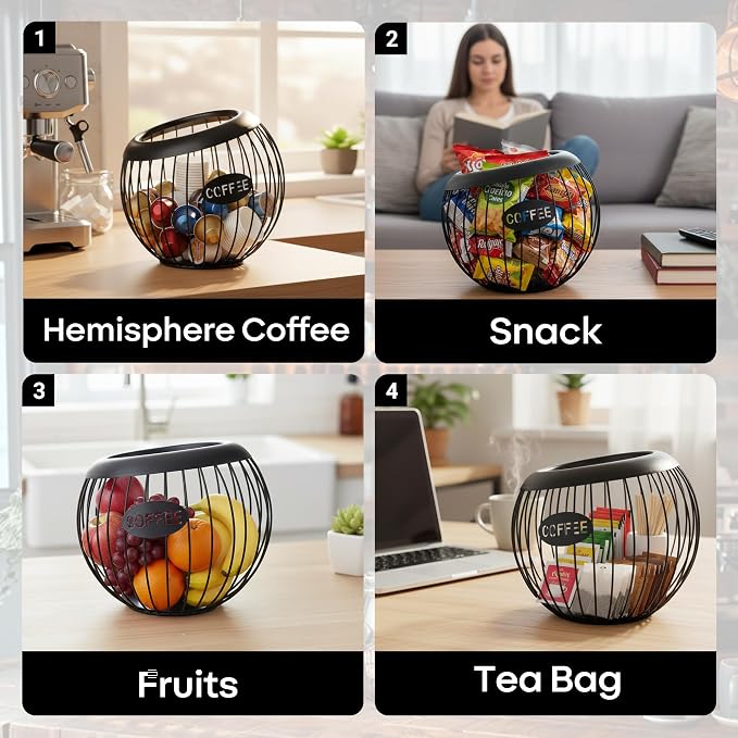 Hemisphere Coffee Pod Holder, Black Cof Station, Iron Capsule Organizer with Angled Opening, Includes 10 Tasting Cups, Kitchen Counter, Office