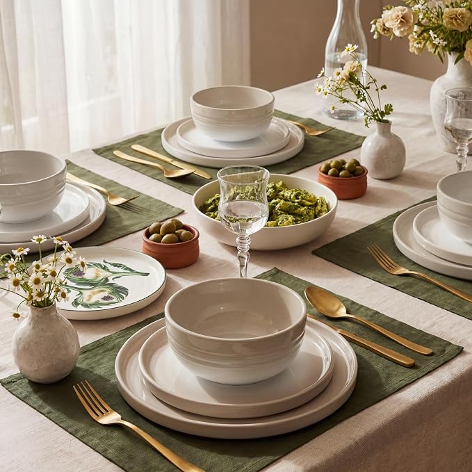 SMIRLY Stoneware Dinnerware Set for 4, 12-Piece Ceramic Plates and Bowls Set, Chip & Scratch Resistant Dish Set, Microwave, Dishwasher & Oven Safe for Everyday Meals, Cream White