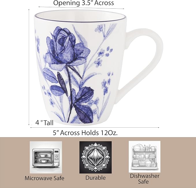 Lorren Home Trends Floral Rose Coffee Mug Set of 4, 12 Oz, Microwave and Dishwasher Safe, Bone China (DARK BLUE)