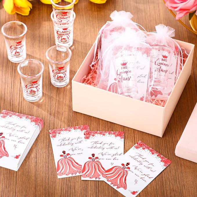 Havawish 50 Sets Quinceanera Party Favors for Guests Quinceanera Acrylic Clear Personalized Shot Glasses Thank You Cards with Organza Bags Mis Xv Años Sweet 15 Birthday Party Favors (Red)